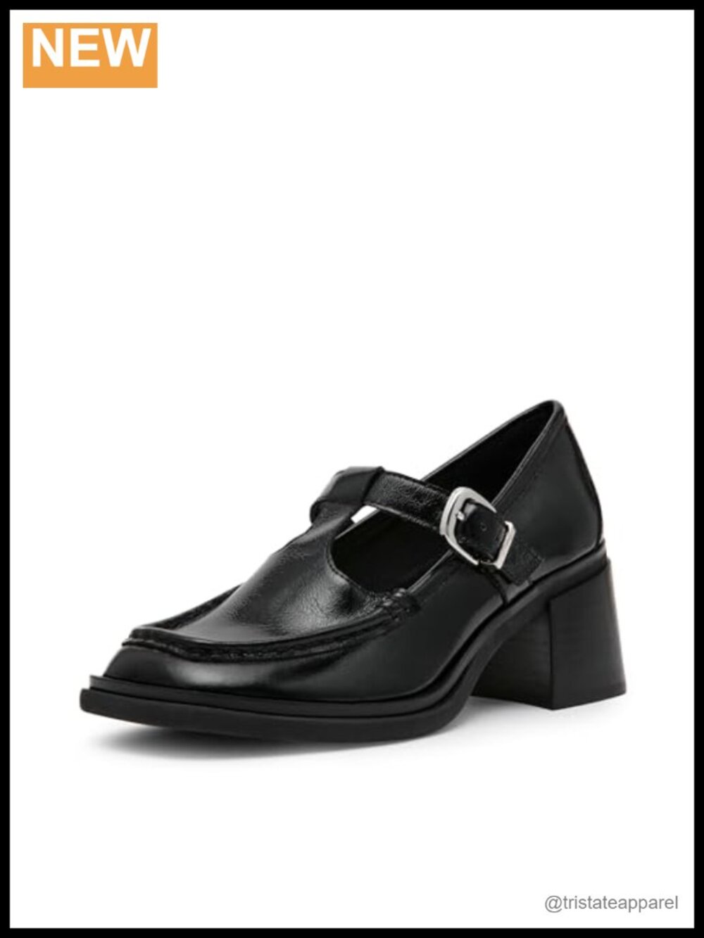 Women's Block Heel Loafers, Square Toe, Leather, T-Strap, Buckle